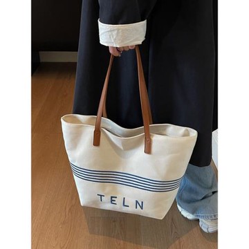 休閑大容量條紋帆布托特包包女2025新款復古時尚外貿單肩斜挎大包