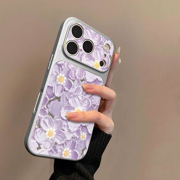 油畫繁花紫圖案適用蘋果17手機殼小羊皮蘋果16保護套15新14外殼13