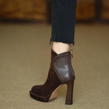 misili拼接方頭粗跟短靴女2024秋冬季新款高跟鞋防水臺厚底女靴子