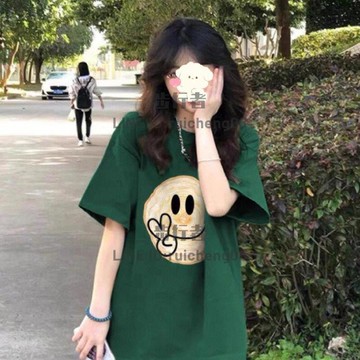 純棉正肩短袖t恤女夏季寬鬆體恤設計感小眾綠色上衣【步行者戶外生活館】