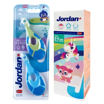 JORDAN 2入組0~2歲 固齒器 兒童牙刷-超軟刷毛+荔枝牙膏組(紅點設計獎 DOGA設計大獎 顏色隨機)