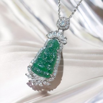 冰種老坑綠翡翠觀音菩薩項鍊925純銀 | 天然緬甸玉翡翠A貨 | 送禮