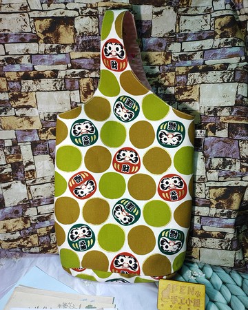 和風系列-厚棉白綠不倒翁福神達摩手提袋-雙杯袋-保溫瓶袋-水壺袋