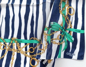 Celine 古董頭巾 鏈條絲帶與藍色條紋 19 x 18.5 英吋