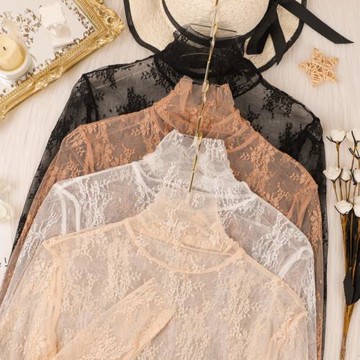 高領網紗打底衫女春秋薄款紗衣透明薄紗毛衣內搭鏤空緊身蕾絲上衣