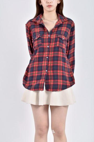 加購優惠(L) 格紋紅色長袖上衣