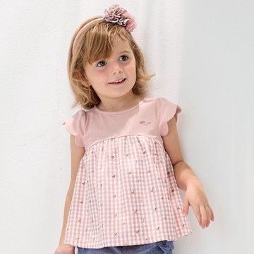 PIPPY俏麗格紋花瓣袖圓領上衣 粉-110