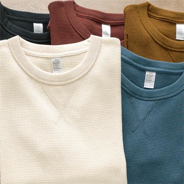 310g 日系復古重磅厚實華夫格純棉倒三角圓領長袖T恤打底衫男咔嘰