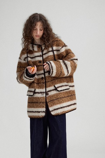 圈圈貝果 北歐復古色織仿羊羔毛外套