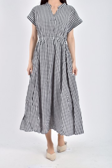 (S) elencare due質感棉質短袖格紋黑色洋裝