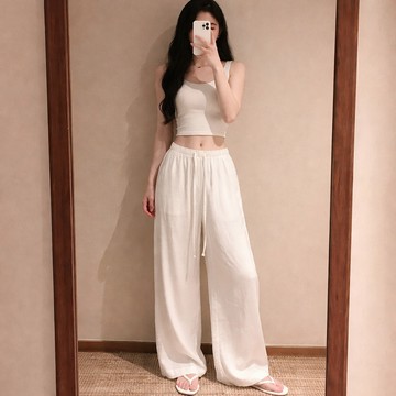 【JoysLu Lady】高腰亞麻闊腿褲 棉麻直筒寬褲 垂感顯瘦 老錢風長褲 女裝 P14AE1