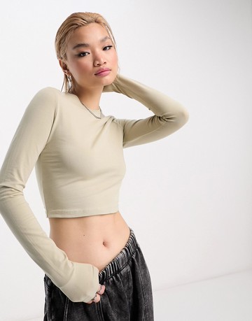 Weekday Mini long sleeve crop top in beige-Neutral