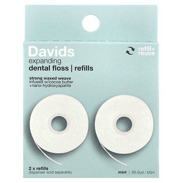 Davids, 擴充套件牙線，補充裝，薄荷味，2 個，每條 32.8 碼（30 米）