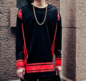 FINDSENSE品牌 男 時尚 街頭 潮 紅色印花 肩膀鈕扣 長袖T恤 特色長T