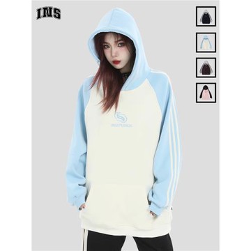 INSstudios 國潮牌情侶美式復古撞色插肩條紋衛衣重磅加絨連帽衫
