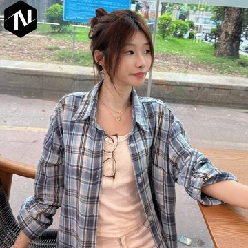 【Nico】♣️闆娘優選♣️ 復古美式格子襯衫寬鬆外套長袖休閒襯衣春秋遮肉新款上衣 長袖 薄款 春秋款 開衫外套衫