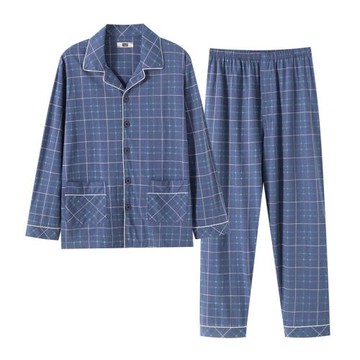 男士睡服夏季空調房薄款純棉長袖男睡衣夏天中老年全棉男睡衣套裝