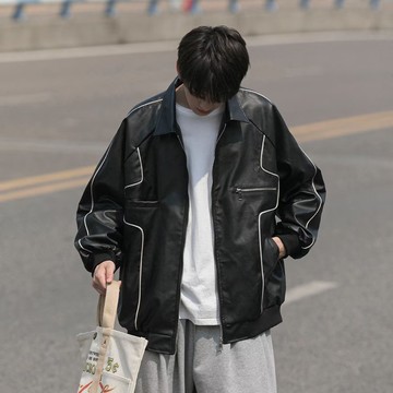 美式潮牌素色PU皮翻領夾克外套男復古街頭寬鬆百搭皮衣男