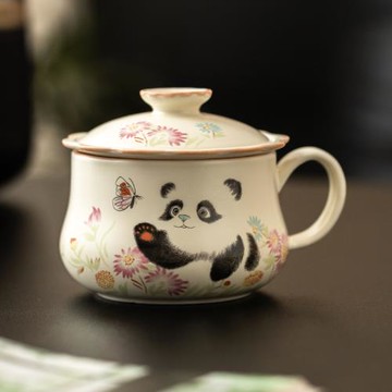 霜語米黃釉熊貓馬克杯帶蓋陶瓷茶杯茶水分離高顏值泡茶杯子辦公室