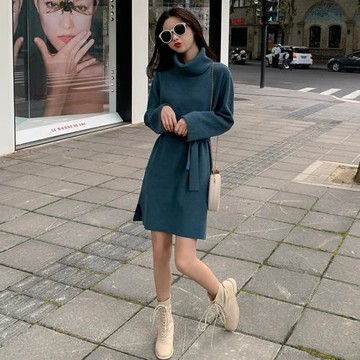 2024高領針織連衣裙女秋冬新款中長款打底小個子內搭毛衣裙