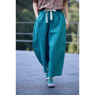 澗石藍亞麻休閒褲透氣骨感松緊腰寬松蘿卜褲