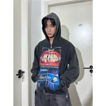 *RYE CHASIN如果造型能殺*人煙盒洗水做舊短款修身連帽衛衣hoodie