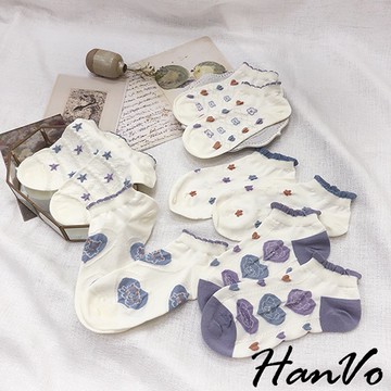 【HanVo】愛戀小熊藍紫花邊短襪 韓系簡約百搭舒適棉質襪 韓國潮流時尚休閒襪 女生配件 A12-6136