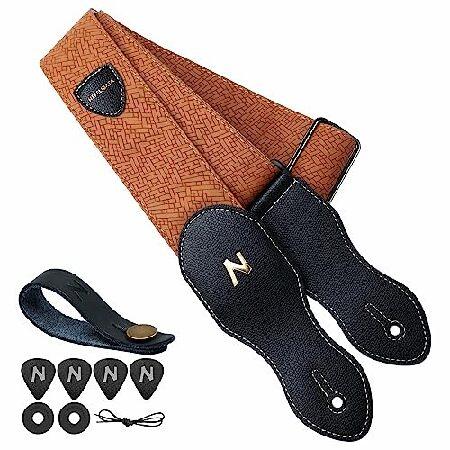 Nefelibata Guitar Strap with Pick Pocket, 2.3 inch Leather Weave Guitar Straps with Black Leather Ends,60s Vintage Style（Tan）