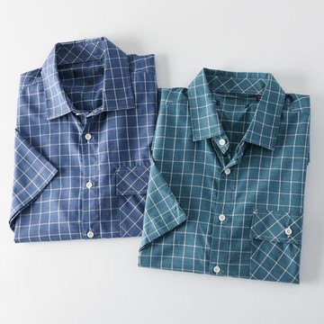 色織格子！天絲亞麻！外貿男裝工廠剪標尾貨夏款休閑短袖襯衫襯衣