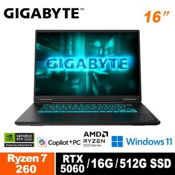 技嘉GIGABYTE GAMING A16 3VHK3TW893SH 16吋電競筆電黑色(AMD Ryzen 7 260/RTX5060 8G/16G/512G/Win11/WUXGA)