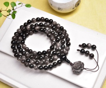 純天然銀曜石加雕刻 蓮花108顆手鏈