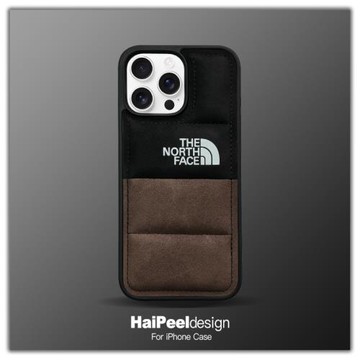 簡約個性潮牌北面iPhone16ProMax羽絨服手機殼15ProMax翻絨皮革咖啡棕綠適用蘋果14冬季情侶男女13防摔保護套