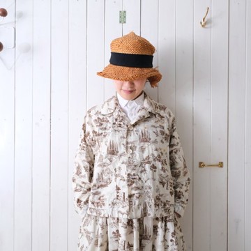 棉質府綢 圓領外套 風景印花 棕色