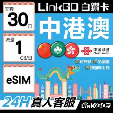 LINKGO白鑽卡 中港澳 eSIM卡 30天上網卡 每日1GB 高速流量 免翻牆可熱點(中港澳網卡 中國 大陸 香港 澳門 虛擬卡)
