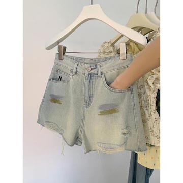 水洗做舊薄款牛仔短褲女春季2025新款高腰顯瘦a字寬松闊腿熱褲子