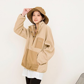 配色異材質拼接立領fleece長袖上衣-OB大尺碼