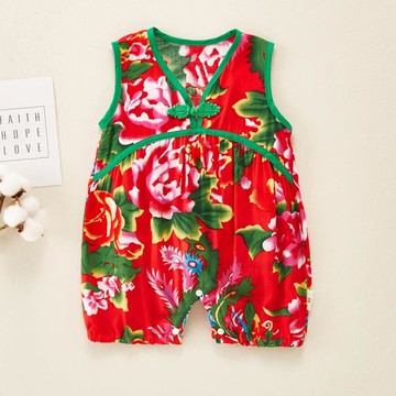 新生嬰兒夏裝連體衣服東北大花套裝女寶寶滿月百天洋氣抓周歲禮服