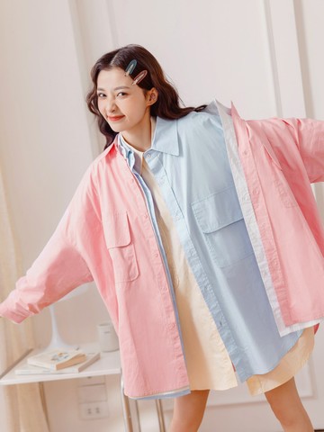 糖果色OVERSIZE大口袋落肩長版襯衫
