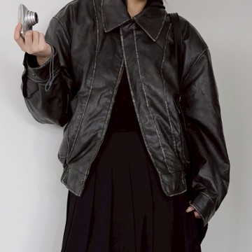 正韓復古堅固純素絎縫皮革夾克外套 2色 YUPPIE 預購商品 0106