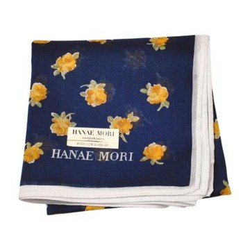 Hanae Mori 日本製100%棉優雅藏藍底黃玫瑰圖騰字母LOGO帕巾(45CM)