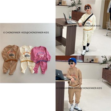 韓國出口童裝秋季男童女童毛圈卡通印花運動套裝100-155碼