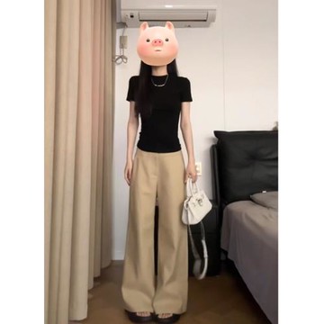 175高個子加長老錢風卡其色西裝褲女夏季高腰垂感休閑拖地闊腿褲