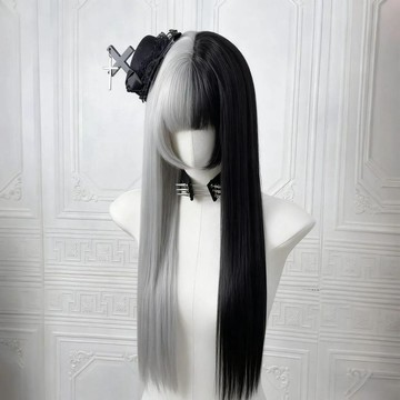 萬聖節COS 萬聖節裝扮 萬聖節飾品 【庫伊拉】萬聖節假髮cos萬用女黑白雙拼陰陽頭長直髮哥特全頭套