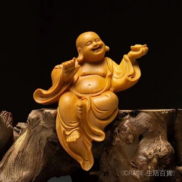 🔥可開發票#崖柏木鵰刻大肚彌勒佛裝飾中式客廳擺件實木笑佛中式傢居玄關供奉#免運