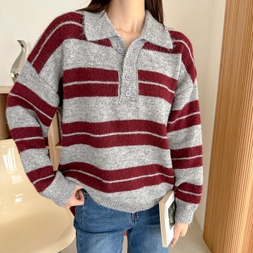 【HARPER】針織毛衣 條紋 女裝 軟綿條紋翻領針織毛衣 | 現貨 【CLE28802K】