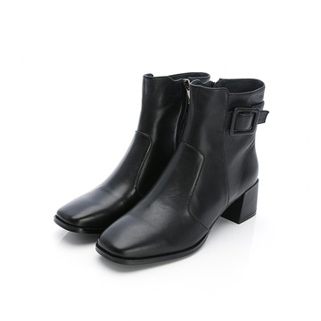 時尚純色羊皮粗跟短靴 - 黑