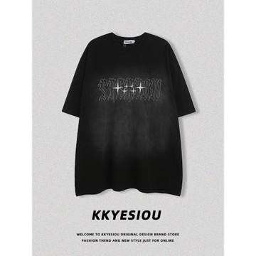 KKyesiou美式復古水星星刺繡磨白男女短袖T恤oversize高街情侶裝