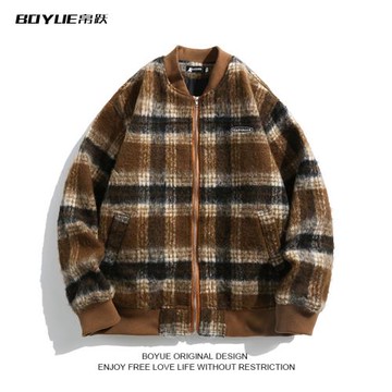 BOYUE帛躍毛呢格子外套日系原宿撞色復古青春軟糯棒球服夾克男女
