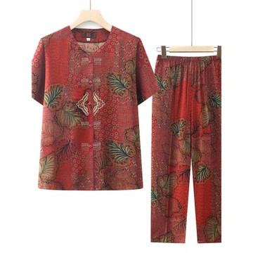 中年媽媽開衫夏季奶奶棉綢套裝女50歲中老年綿綢兩件套夏上衣大碼