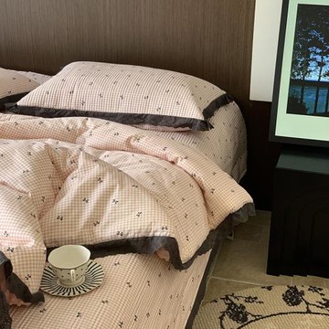 甜酷粉格韓式全棉絎縫花邊四季床蓋三件套搭配同款豆豆被四件套